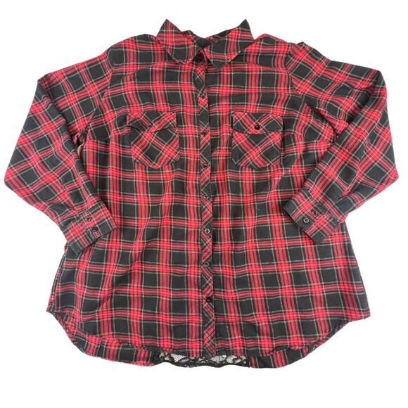 Hot Topic Button Down 2X Red Black Plaid Edgy Lace Back Split Grunge Goth Shirt - Picture 1 of 8